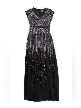 Adrianna Papell Black Silver Sequin Maxi Gown